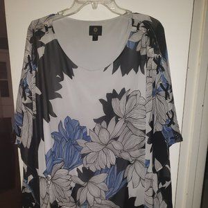JM Collection Blue and White Flowers Poncho Blouse